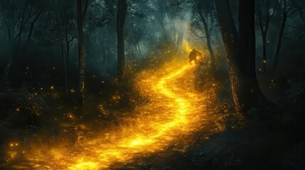 A symbolic glowing trail showing a thief being tracked by police dogs through a forest, dramatic composition