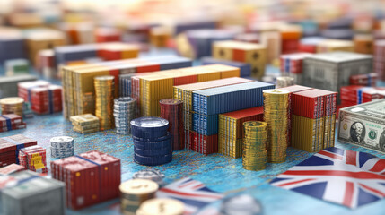 A miniature world map model featuring colorful shipping containers, stacked gold coins, and currency symbols, representing global trade and economic exchange.
