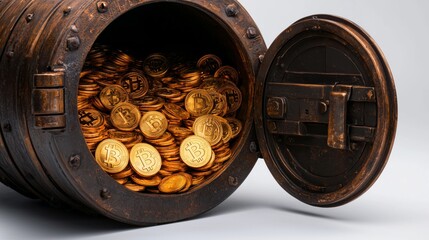 Treasure trove of bitcoin coins digital currency studio modern close-up wealth concept