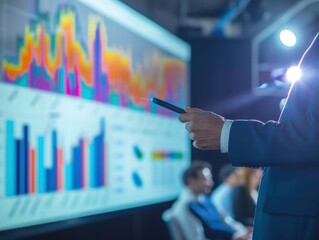 Business Professional Analyzing Colorful Data Charts in Conference Room