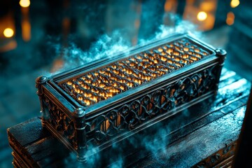 A dark and moody depiction of an epilation device surrounded by dramatic lighting and ornate gothic patterns, emphasizing elegance and precision