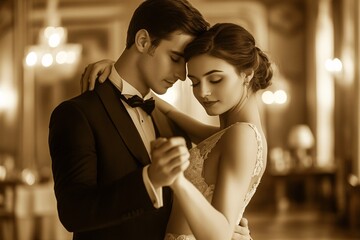 A young white couple in 1920s Gatsby-style outfits, dancing a slow tango in a grand ballroom, soft sepia tones, romantic and luxurious vibe 1