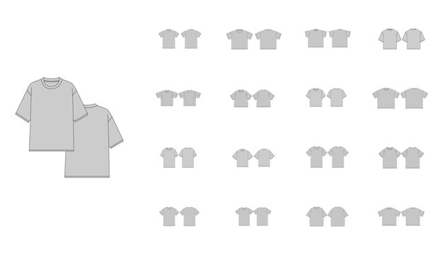 Set of Different T-Shirts Template - Technical Flat Drawing of Basic Tshirts V-neck Tee Shirt Design - Boxy T-Shirt Technical Illustration - Fitted Tee Shirt Vector Front and Back Views