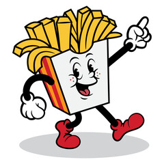 French fries cartoon characters walking and showing direction to fastfood restaurant. Best for sticker, logo, and mascot for fastfood restaurant business