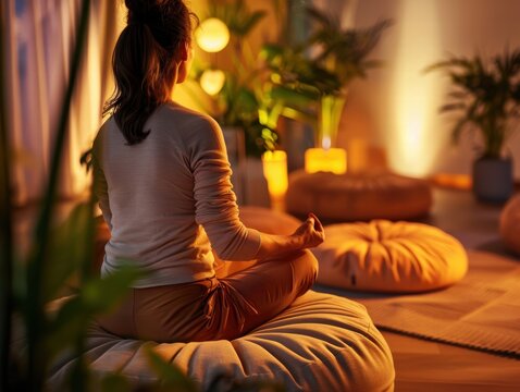 Serene Evening Meditation with Warm Lighting and Indoor Plants