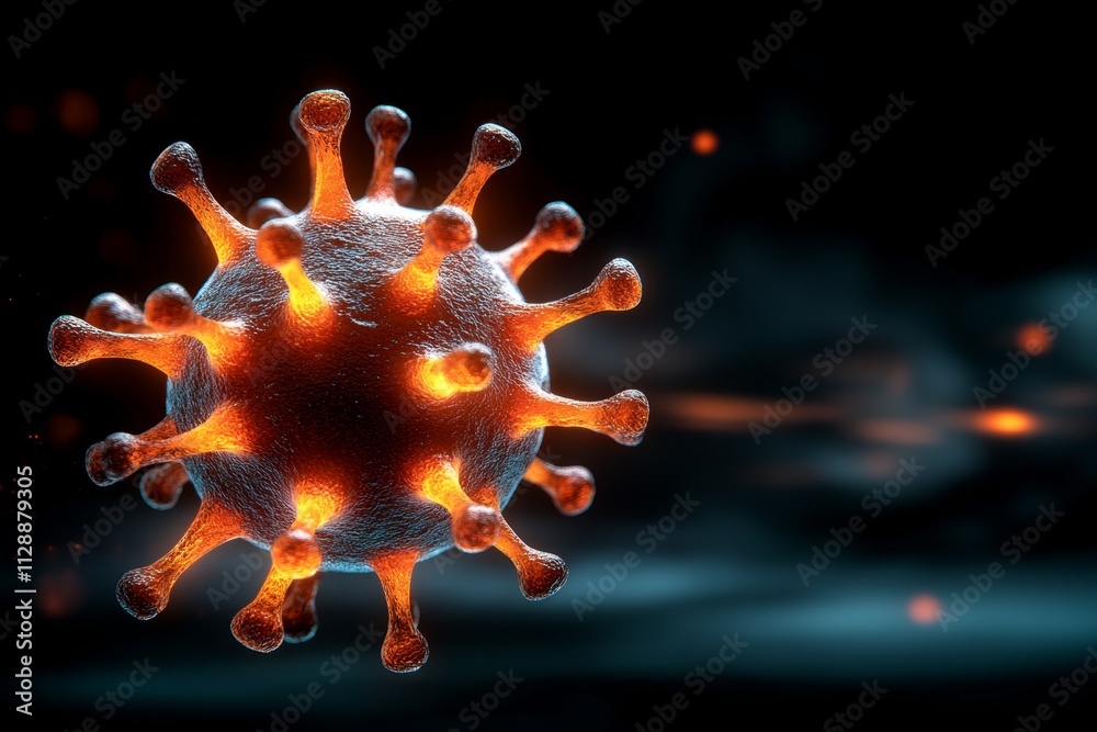 Poster A dramatic image of a virus model floating in an ethereal dark void, with glowing spikes representing its structure