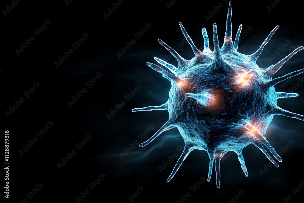 Poster A dramatic image of a virus model floating in an ethereal dark void, with glowing spikes representing its structure