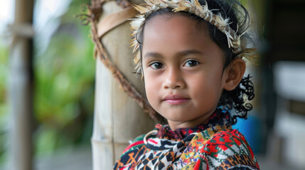 Waitangi Day, National Day of New Zealand, portrait of a little girl of the Majori tribe in national costume