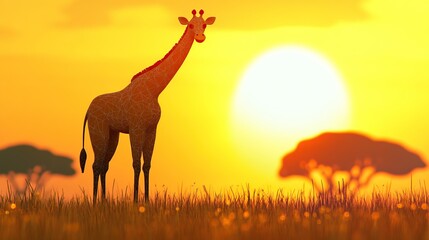 Naklejka premium A silhouette of a giraffe against a vibrant sunset in a serene landscape.