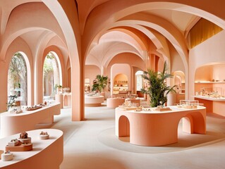 Modern Retail Interior Design with Peach-Colored Arches and Displays.