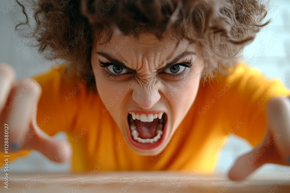 Poster a dynamic image of a person angrily slamming their hand on a desk, their face showing intense frustr