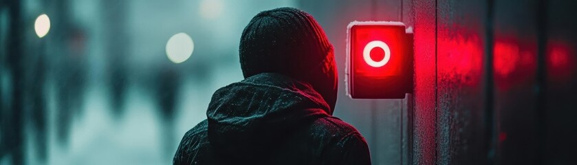 A thief frozen in place as a security alarm glows red around them, dramatic cinematic focus