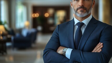 Fototapeta premium A man in a suit and tie stands in front of a room with a couch and a lamp