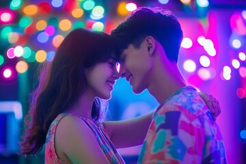 A young Asian couple in 1960s vibrant vintage outfits, dancing closely under colorful party lights, playful smiles, medium close-up, dynamic atmosphere 3