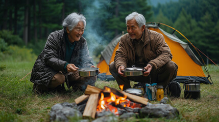 キャンプをする高齢者