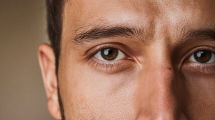 Obraz premium High-Resolution Closeup of a Man's Brown Eyes and Face, Depicting His Confident and Thoughtful Expression with Detailed Eye Features on a Plain Isolated Background Portrait of Man with Deep Brown Eyes