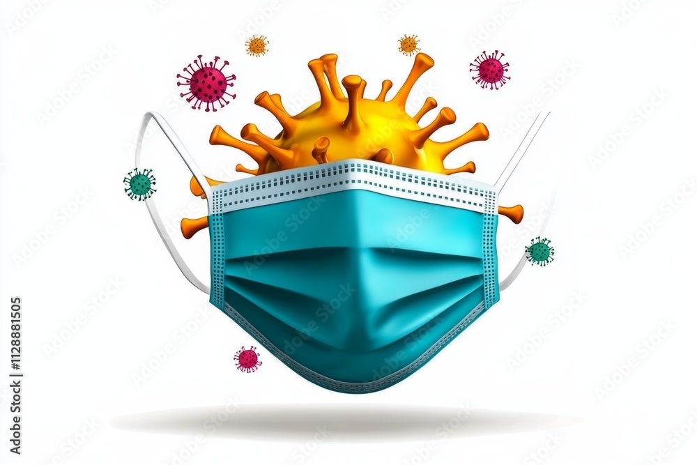 Poster A flat design of a face mask with abstract particle symbols floating around it, representing protection against epidemics