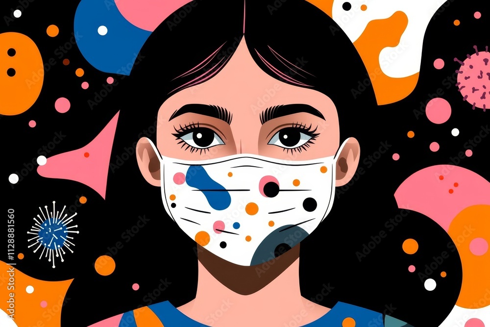 Poster A flat design of a face mask with abstract particle symbols floating around it, representing protection against epidemics