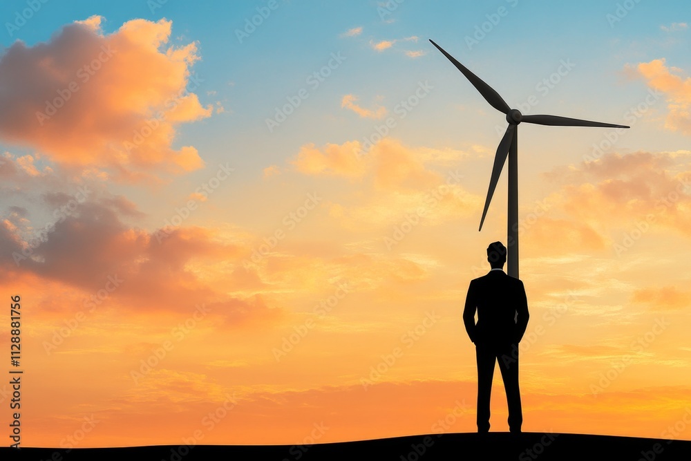 Poster A flat vector of a wind turbine with a silhouette of an engineer inspecting it, drawn with clean lines and soft gradients