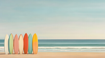 Surfboards lined up on a sandy beach against a calm ocean backdrop, under a clear sky, ready for an adventurous day on the waves.
