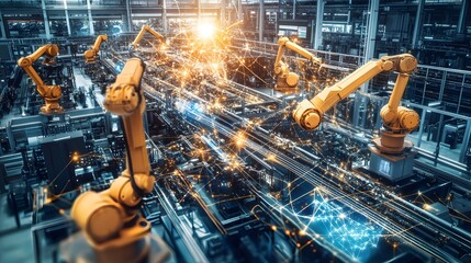 A bustling factory floor filled with interconnected devices, sensors, and machines seamlessly communicating, illustrating the integration of IoT in industrial settings