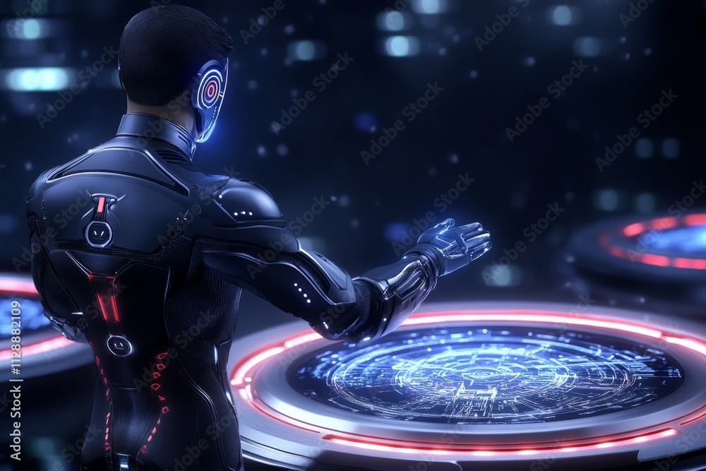 Poster A futuristic depiction of an engineer controlling holographic blueprints, surrounded by floating screens and advanced technology