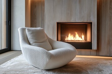 Fototapeta premium A serene modern chalet corner, featuring a minimalist armchair, soft beige cushions, positioned by a fireplace with warm light, peaceful and calming ambiance 2