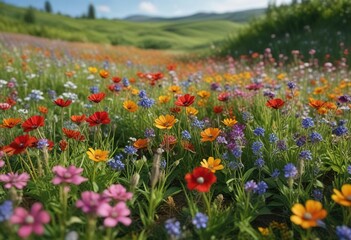 A serene and peaceful scene of multicolored wildflowers swaying in the breeze amidst a lush green field, calm, nature