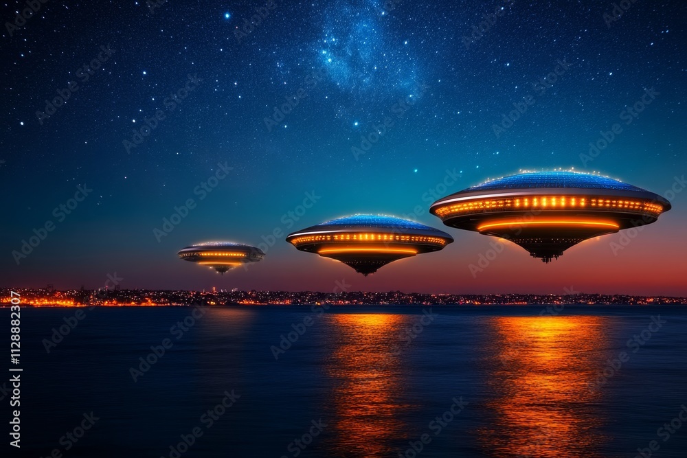 Poster a futuristic floating energy station powered by solar, wind, and tidal generators, glowing softly ab