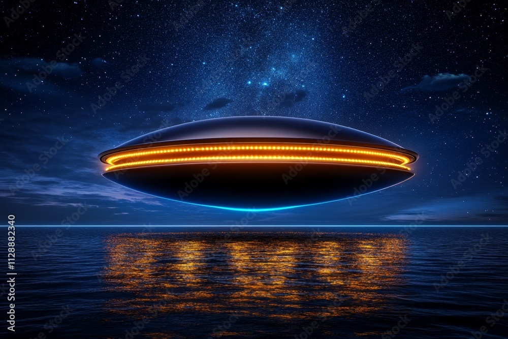 Poster a futuristic floating energy station powered by solar, wind, and tidal generators, glowing softly ab