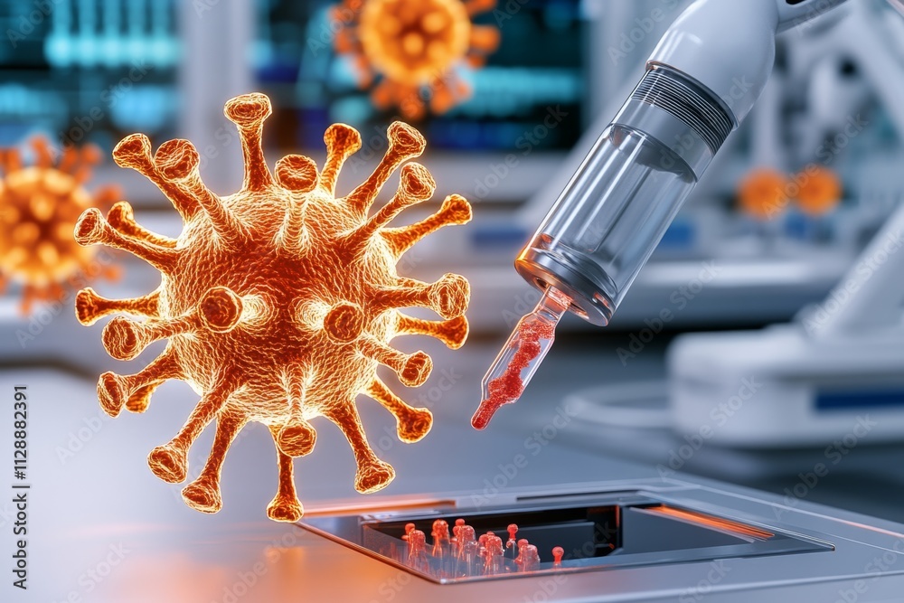 Aufkleber A futuristic lab with glowing holograms showing virus structures, while robotic arms analyze samples in the background