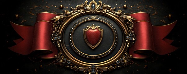 Fototapeta premium Luxurious golden shield badge with red ribbon and intricate details