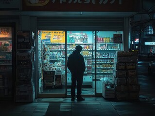 Fototapeta premium A thief s shadow flickering against the walls of a convenience store during a robbery, faint light from the street illuminating the scene