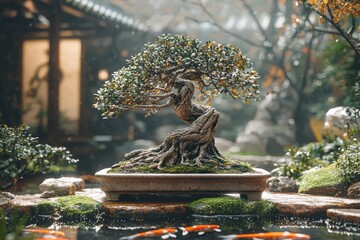 Old weathered bonsai with intricate root structure in a millennial gray zen garden setting high fidelity imagery
