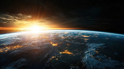 Fototapeta premium Sunrise Over Planet Earth with Vibrant Colors and Stars in Space