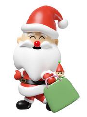 3d santa claus holding shopping paper bag with Elf isolated. happiness cards, merry christmas, festive New Year, 3d render illustration