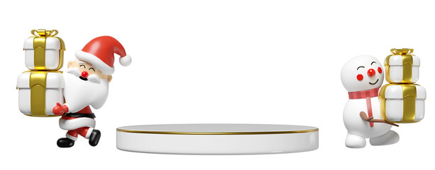 3d Empty podium with santa claus and snowman holding gift box isolated. happiness cards, merry christmas, festive New Year, 3d render illustration