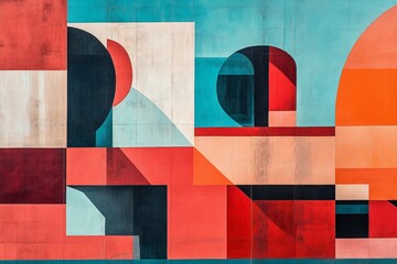 Abstract geometric mural with red, orange, teal, and black shapes on a textured wall.