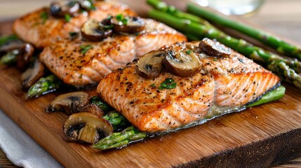 Grilled Salmon Fillet with Asparagus and Mushrooms on Wooden Board