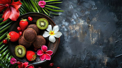 horizontal banner, Waitangi Day, National Day of New Zealand, assorted tropical fruits and berries, cookies, lychees and kiwis, dark background, copy space, free space for text