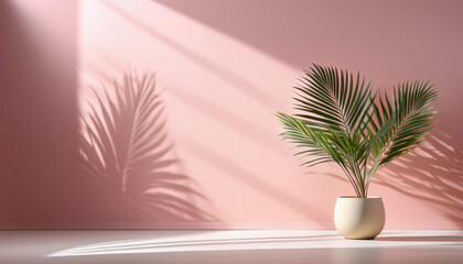 Obraz premium A potted palm plant casts dramatic shadows on a pink wall in minimalist style setting.