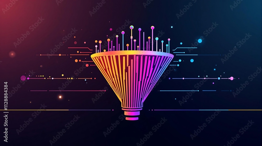 Poster big data technology concept with digital funnel for data collection analysis and transformation into