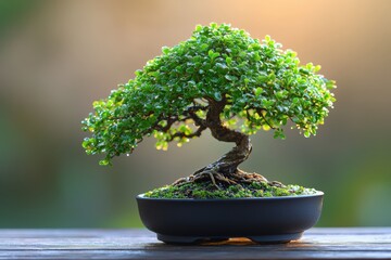 Artful bonsai display in millennial gray ceramics closeup view tranquil nature setting captivating serenity