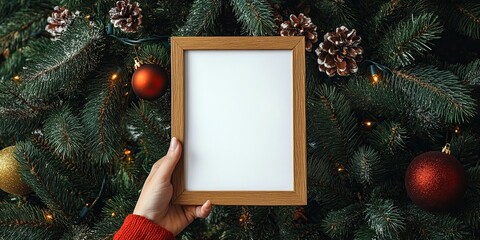 a wooden frame blank poster with a Christmas tree background