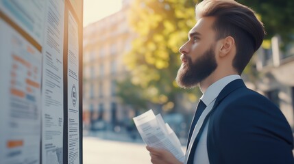 Person standing in front of a job listings board, scanning opportunities with a focused expression. The scene conveys the pursuit of career advancement and the search for meaningful employment.