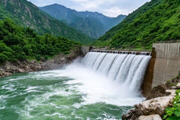 A hydroelectric dam releasing powerful streams of water, surrounded by lush green mountains
