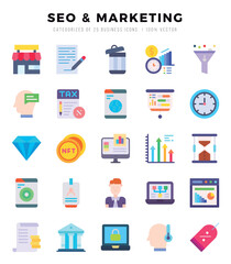 SEO & MARKETING icons Pack. Flat icons set. SEO & MARKETING collection set. Simple vector icons.