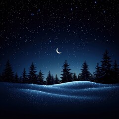 Naklejka premium A serene winter night scene featuring a crescent moon, twinkling stars, and snow-covered hills, framed by silhouetted evergreen trees.