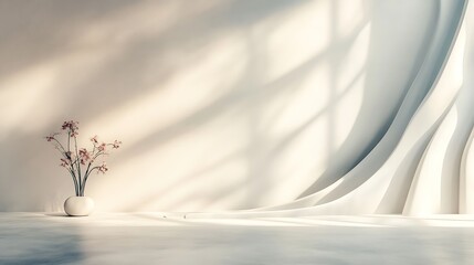 Minimalist scene with flowers in a vase and flowing fabric