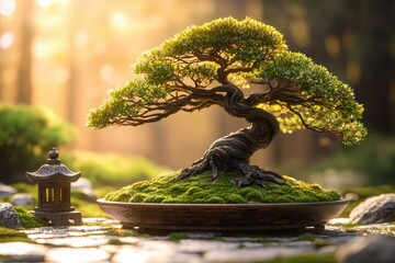 Vibrant bonsai tree under golden light millennial gray accent nature scene tranquil garden close-up serenity and growth